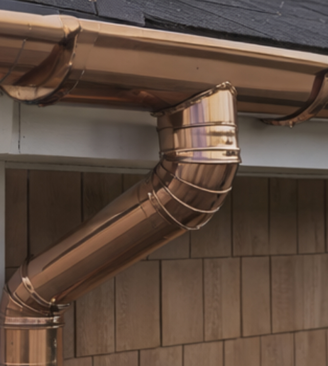 Copper gutters and downspouts example